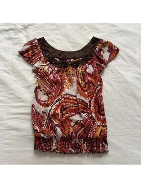 Y2K Brown and orange floral blouse with beaded details Size small